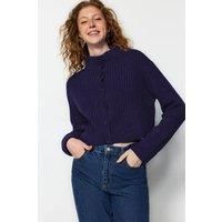 HOXTON GAL Women's Oversized Cropped Soft-Textured High Neck Knit Cardigan Sweater in Navy | Size: Small
