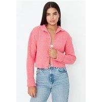 Oversized Cropped Soft-Textured High Neck Knit Cardigan
