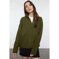 Oversized Ribbed Knit Sweater with High Neck and Button Placket