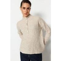 HOXTON GAL Women's Oversized Ribbed Knit Sweater with High Neck & Button Placket in Stone | Size: Medium