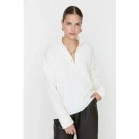 Oversized Ribbed Knit Sweater with High Neck and Button Placket