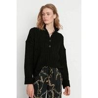 HOXTON GAL Women's Oversized Ribbed Knit Sweater with High Neck & Button Placket in Black | Size: XL