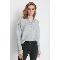 Oversized Ribbed Knit Sweater with High Neck and Button Placket