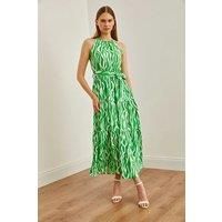 HOXTON GAL Women's Regular Fit Halter Neck Belted Midi Dress in Bright Green | Size: Small