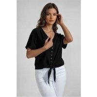 Regular Fit Casual Short Sleeve Blouse with Button Front and Tie Detail