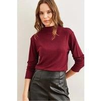 HOXTON GAL Women's Slim Fit High-Neck Draped Soft Touch Blouse in Burgundy | Size: Medium
