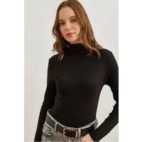 HOXTON GAL Women's Slim Fit High-Neck Draped Soft Touch Blouse in Black | Size: Small