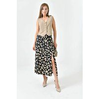 HOXTON GAL Women's A-Line Woven Skirt with Elastic Waist & Side Slit with Animal Print in Black | Size: 12