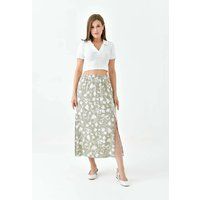 HOXTON GAL Women's A-Line Woven Skirt with Elastic Waist & Side Slit with Animal Print in Khaki | Size: 12
