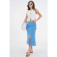 HOXTON GAL Women's Plain Midi Woven Skirt with Slit Detail in Blue | Size: 12