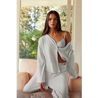 HOXTON GAL Women's Knitted Pyjama Set with Button Up Cardigan Sweater & Straight Leg Trousers in Grey | Size: Medium