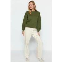 HOXTON GAL Women's Thick Fleece-Lined Regular Fit Crew Neck Sweatshirt in Khaki | Size: Large