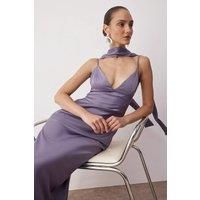 HOXTON GAL Women's Satin Maxi Evening Dress with Spaghetti Straps & Shawl Detail in Lilac | Size: 10