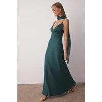 HOXTON GAL Women's Satin Maxi Evening Dress with Spaghetti Straps & Shawl Detail in Green | Size: 6