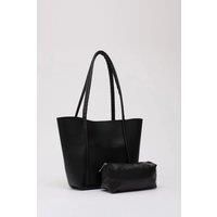 HOXTON GAL Women's Large Faux Leather Tote Bag with Shoulder Straps & Makeup Pouch in Black