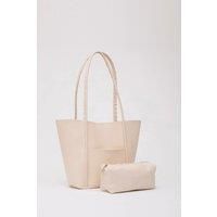 HOXTON GAL Women's Large Faux Leather Tote Bag with Shoulder Straps & Makeup Pouch in Cream