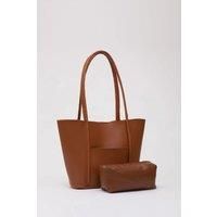 HOXTON GAL Women's Large Faux Leather Tote Bag with Shoulder Straps & Makeup Pouch in Brown