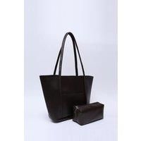 HOXTON GAL Women's Large Faux Leather Tote Bag with Shoulder Straps & Makeup Pouch in Dark Brown