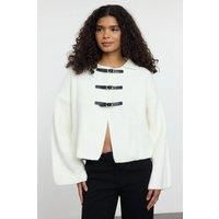 HOXTON GAL Women's Coat-Style Textured Knit Cardigan Sweater Toggle Fastening in White | Size: Medium