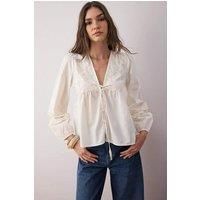 HOXTON GAL Women's Lace-Trim Cotton V-Neck Woven Blouse With Tie Detail with Long Sleeve in White | Size: 10