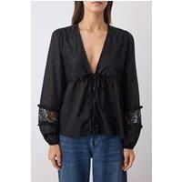 HOXTON GAL Women's Lace-Trim Cotton V-Neck Woven Blouse With Tie Detail with Long Sleeve in Black | Size: 6