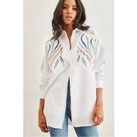 HOXTON GAL Women's Oversized Sequin Embellished Oversized Wool Effect Shirt in White | Size: Medium
