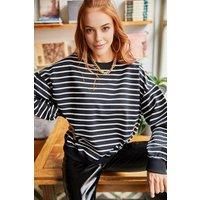 HOXTON GAL Women's Flared Sleeve Crew Neck Stripe Patterned Sweatshirt in Black | Size: Medium
