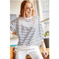 HOXTON GAL Women's Flared Sleeve Crew Neck Stripe Patterned Sweatshirt in White | Size: Medium
