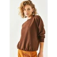 HOXTON GAL Women's Basic Long Sleeve Crew Neck Sweatshirt in Brown | Size: Large