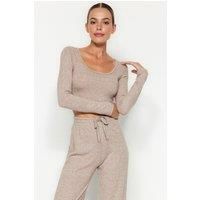 WOVCOR Women's Soft Knit Crop Top & Wide Leg Pant Set in Beige | Size: XS