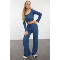 WOVCOR Women's Soft Knit Crop Top & Wide Leg Pant Set in Indigo | Size: XS