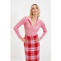 WOVCOR Women's Ribbed Collared Button-Up Knit Cardigan in Pink | Size: Small