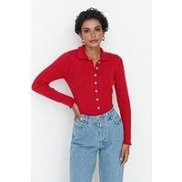 WOVCOR Women's Ribbed Collared Button-Up Knit Cardigan in Red | Size: Medium