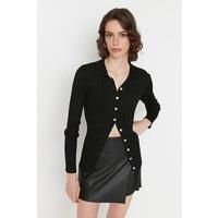 WOVCOR Women's Ribbed Collared Button-Up Knit Cardigan in Black | Size: Small