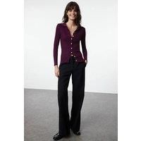 WOVCOR Women's Ribbed Collared Button-Up Knit Cardigan in Plum | Size: Medium