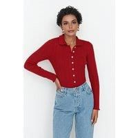 WOVCOR Women's Ribbed Collared Button-Up Knit Cardigan in Burgundy | Size: Small