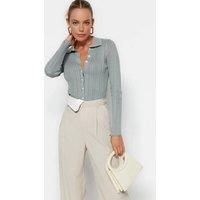 WOVCOR Women's Ribbed Collared Button-Up Knit Cardigan in Mint | Size: Medium