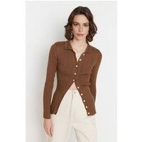 WOVCOR Women's Ribbed Collared Button-Up Knit Cardigan in Brown | Size: Medium