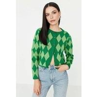 WOVCOR Women's Crop Argyle Ribbed Knit Cardigan with Button Front in Green | Size: Small