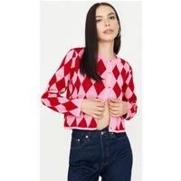 WOVCOR Women's Crop Argyle Ribbed Knit Cardigan with Button Front in Pink | Size: Small