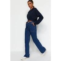 WOVCOR Women's High Waist Utility Wide Leg Jeans With Front Pockets in Navy | Size: 14