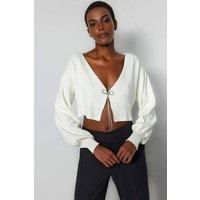 WOVCOR Women's Super Crop Knit Cardigan With Bow Detail in White | Size: XS