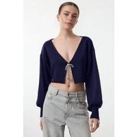 WOVCOR Women's Super Crop Knit Cardigan With Bow Detail in Navy | Size: Small