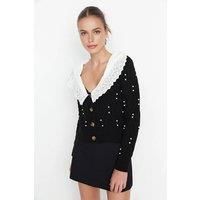 WOVCOR Women's Shirt Woven Garni Collar Detailed Knit Cardigan in Black | Size: Small