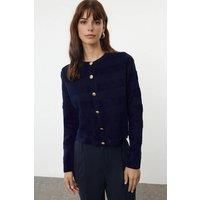 WOVCOR Women's Crew Neck Ribbed Knit Cardigan in Navy | Size: Small