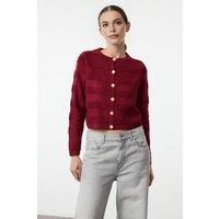 WOVCOR Women's Crew Neck Ribbed Knit Cardigan in Burgundy | Size: Small