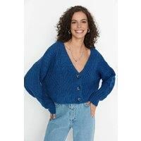 WOVCOR Women's Crop Soft Textured Knit Cardigan With Button Detail in Indigo | Size: Medium