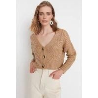 WOVCOR Women's Crop Soft Textured Knit Cardigan With Button Detail in Camel | Size: Medium