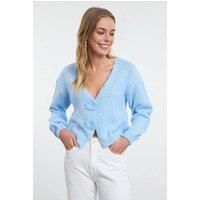 WOVCOR Women's Soft Textured Knit Cardigan Rose Detail in Light Blue | Size: Large