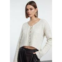 WOVCOR Women's Cropped Ribbed Knit Cardigan Button-Detail in Stone | Size: Large